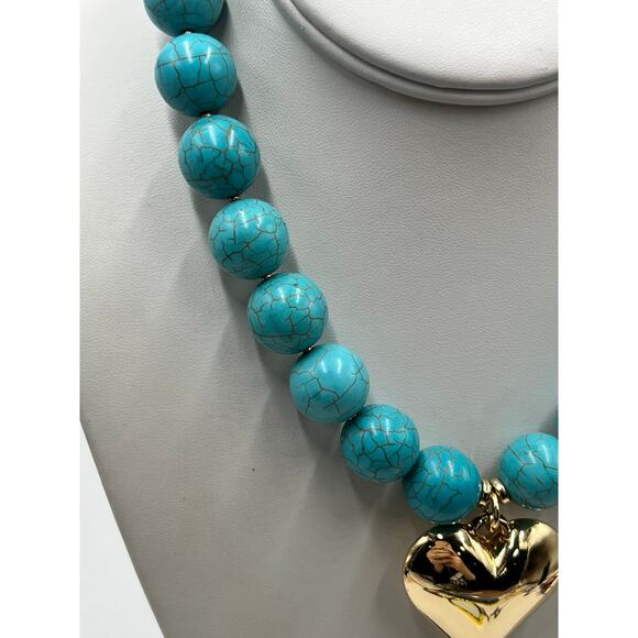 ETTIKA Chunky Beaded Turquoise 18k Gold Plated Heart Necklace New - Picture 8 of 13